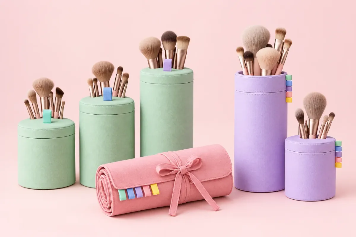 Brush holders with makeup brushes