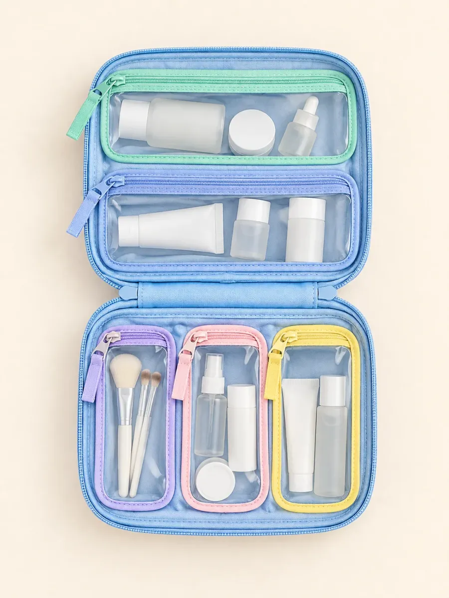 Udfoldelig makeuptaske med vindue — åbnet, med rummene synlige