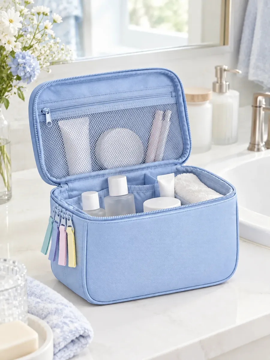 Udfoldelig makeuptaske med vindue — i brug