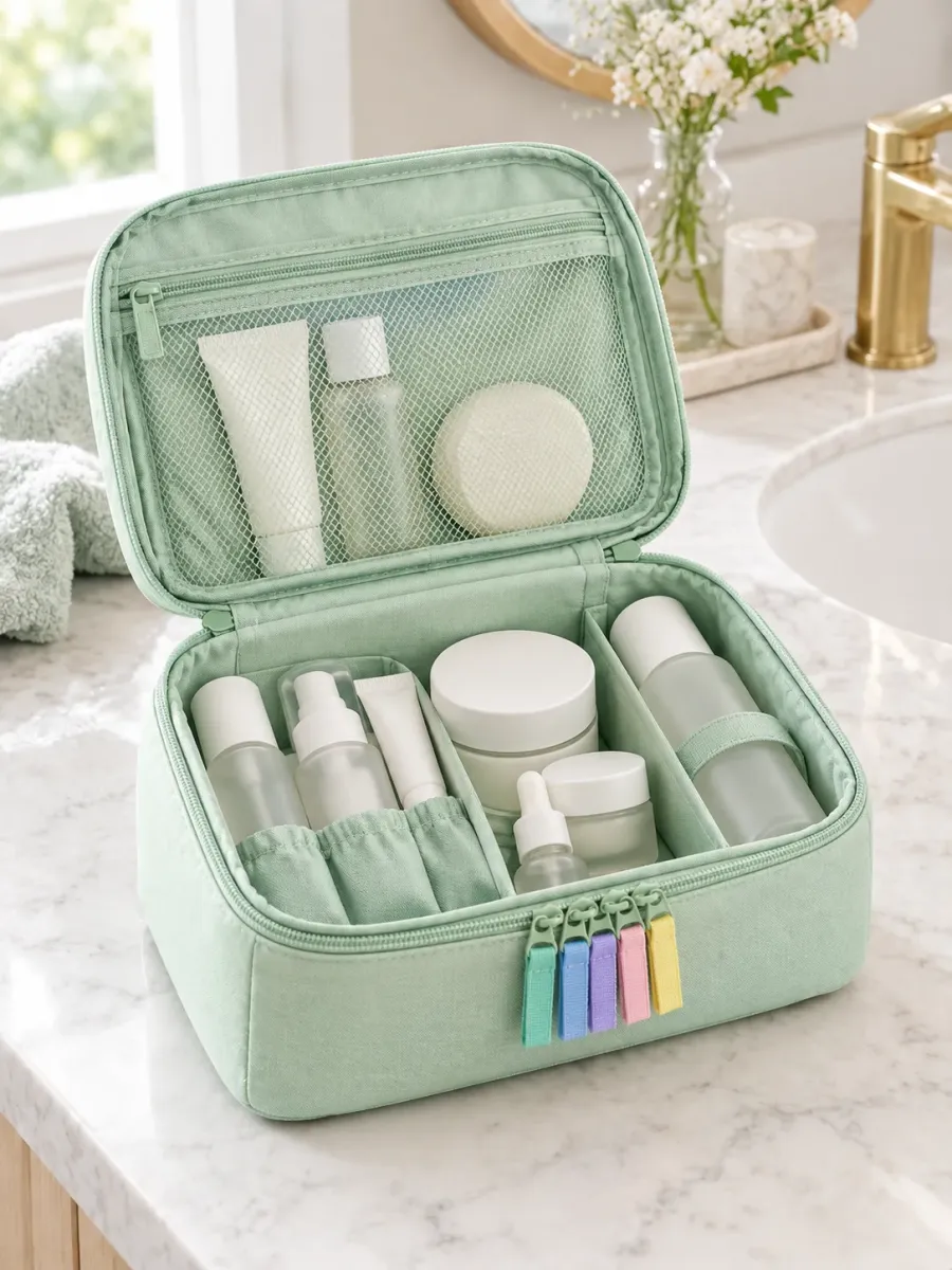 Femtrins makeuptaske, der foldes ud — i brug