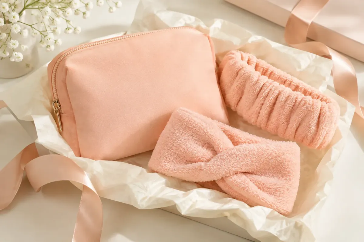A peach pouch and matching headbands wrapped as a gift