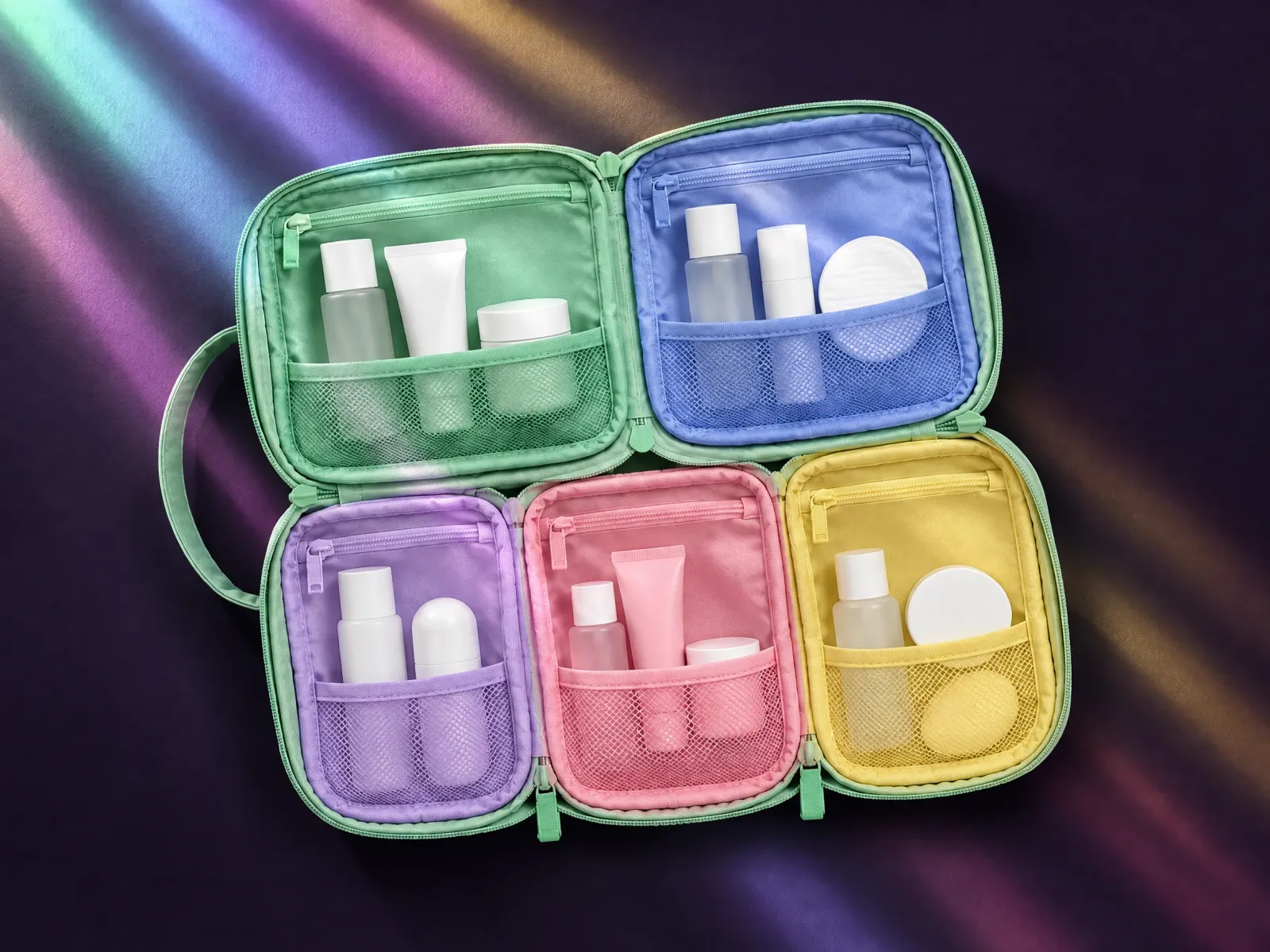 Five-Step Flat-Lay Bag foldet fladt ud med fem farvekodede rum