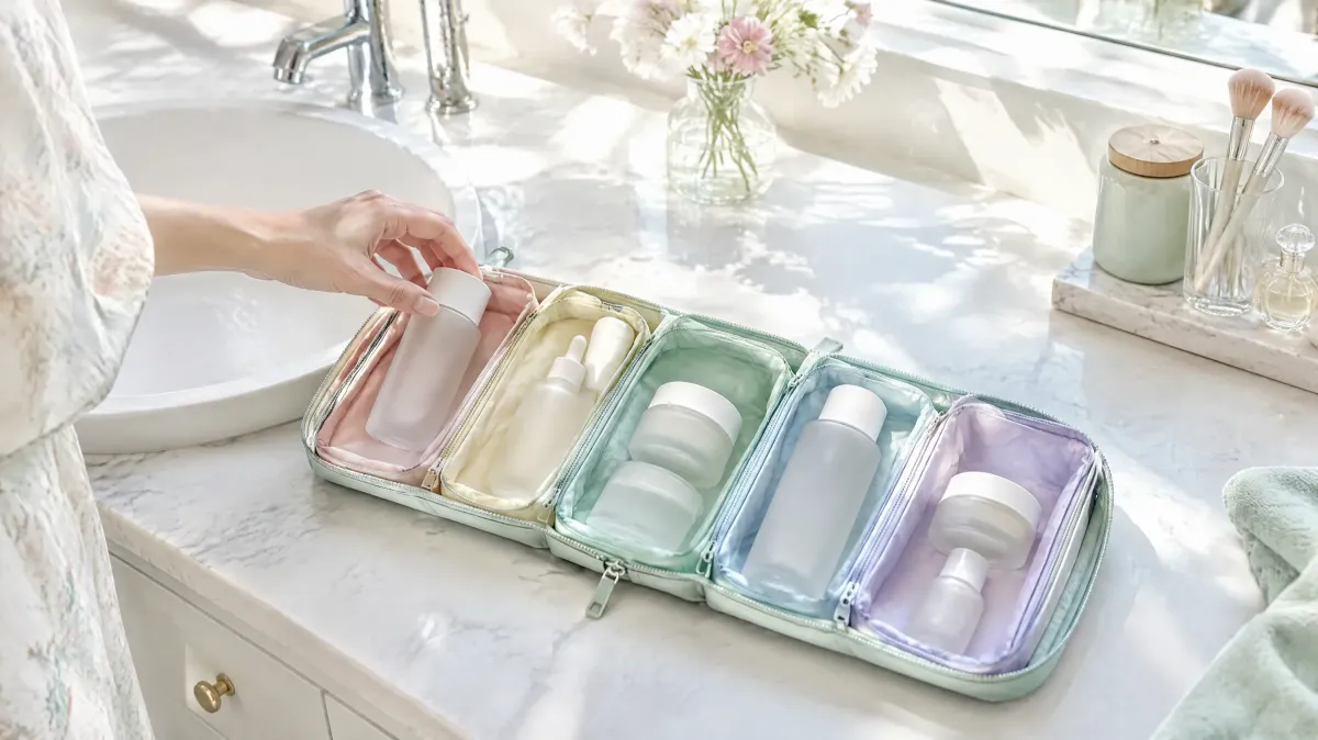 En öppen flat-lay-väska på en badrumsbänk