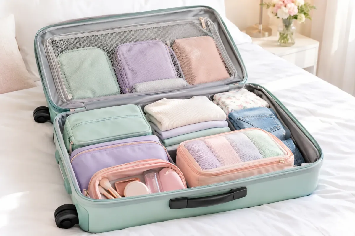 A carry-on suitcase packed with pastel pouches