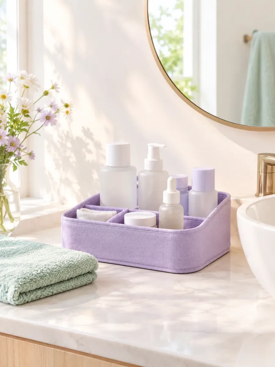 A bathroom vanity with a lilac organiser