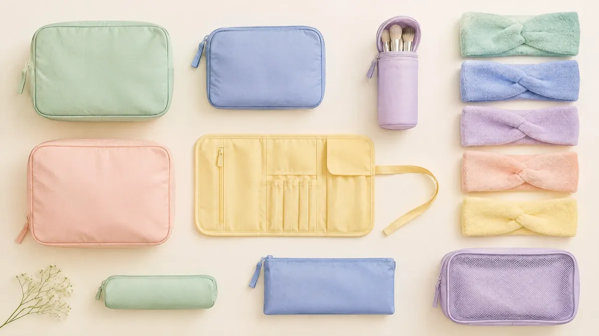 Pastel organisers laid out on a cream surface
